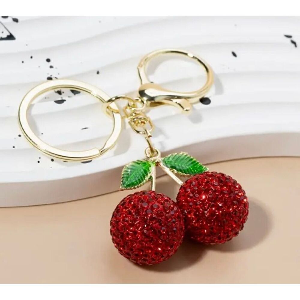 Red Cherry Rhinestone Keychain Sparkle Pendant Bag Charm Cute Accessory